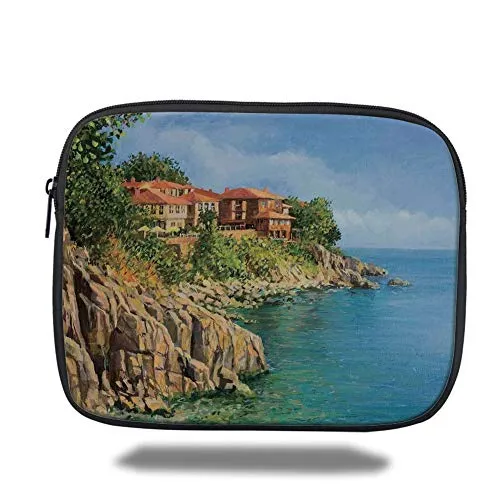 Juzijiang Tablet Bag for iPad Air 2/3/4/mini 9.7 inch,Seascape,Tranquil Summer in Sozopol Bulgaria Houses on Rocky Cliffs Sea,Light Brown Green And Blue