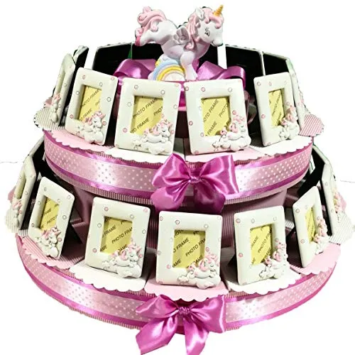 Torta bomboniera Unicorno portafoto, Bianco e Rosa con Confetti (Torta 28 fette 2 Piani)