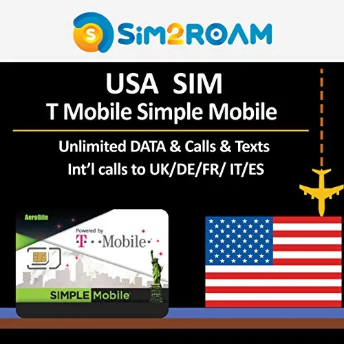 USA SIM CARD T Mobile Simple Mobile 7 Giorni, Illimitata 4G LTE Alta Velocità Dati / Chiamate / Messaggi / chiamate internazionali verso l'Italia, T-Mobile SIM Card USA Stati Uniti