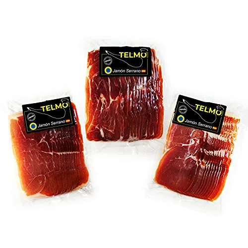 Prosciutto crudo. Prosciutto Serrano affettato e confezionato sottovuoto. Prosciutto Serrano confezione 3 unità 250gr ciascuna unità (750gr). Prosciutto confezionato vuoto. Prosciutto crudo Spagnolo.