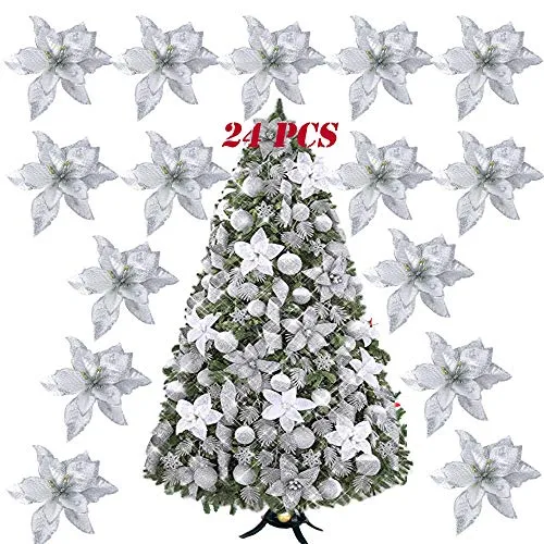 SERWOO (Dia. 15cm) 24pz Fiore Artificiale Natale per Albero Argento Finti Natalizi Decorazione Addobbi Ornamenti Natalizie