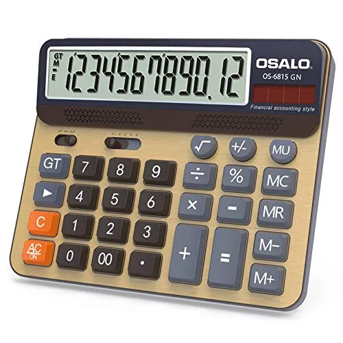 OSALO Calcolatrice Tascabile Calcolatrice da Tavolo Grande Display LCD 12 Cifre Calcolatrice Solare (OS-6815GN)