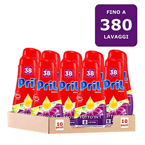 Pril Gel All in One Limone Detersivo Lavastoviglie Liquido Multi-Azione Sporco Difficile, 10 Confezioni da 38 Lavaggi