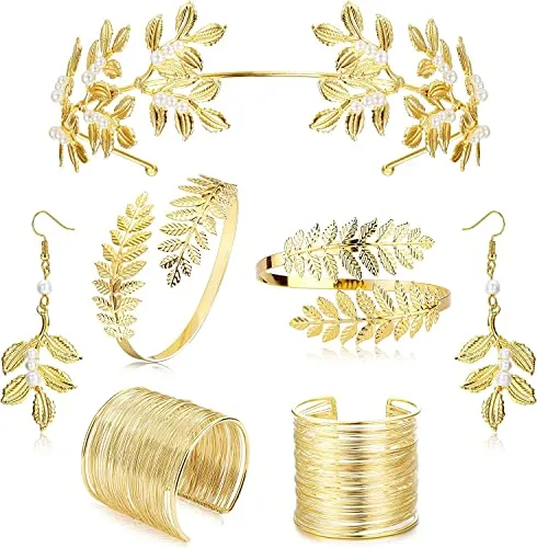 ADRAMATA 7 Pezzi Dea Greca Costume Accessori Set per Donna Bracciale con Polsino a Corona in Foglia d'oro Orecchini con Perle Gioielli da Sposa, Halloween Festa Gioielli,A