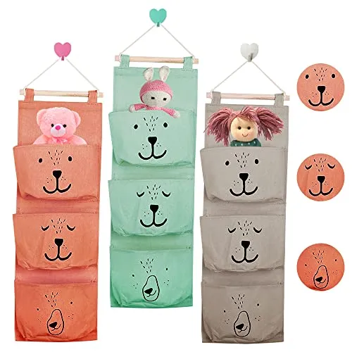 SCHYIDA 3 Pz Borsa Portaoggetti Appendere Parete Tasche Portaoggetti Parete Bagno con Emoji Carine Stoffa Organizzatore da Appendere con Gancio per Camera Da Letto e Bagno (Grigio/Arancione/Verde)