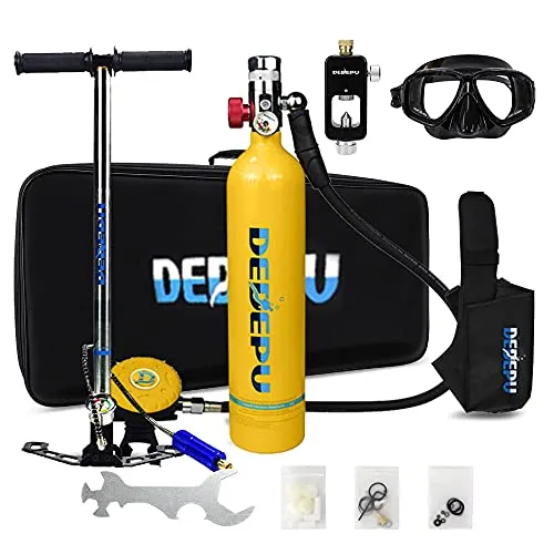 Mini Bombola Sub Piccola Portatile Bombole da Immersione, 1L Scuba Tank Subacquee di 20-25 Minuti Diving Ossigeno Serbatoio con Pompa ad Alta Pressione Gonfiatore Snorkeling Dispositivo,Giallo