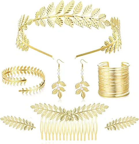 Milacolato 8Pezzi Oro Dea Greca Costume Accessori Set per Donna Foglia Fascia Pettine per Capelli Orecchini Pendenti Bracciale a Spirale da Sposa Set Dea Greca Bigiotteria Accessori Parure Gioielli