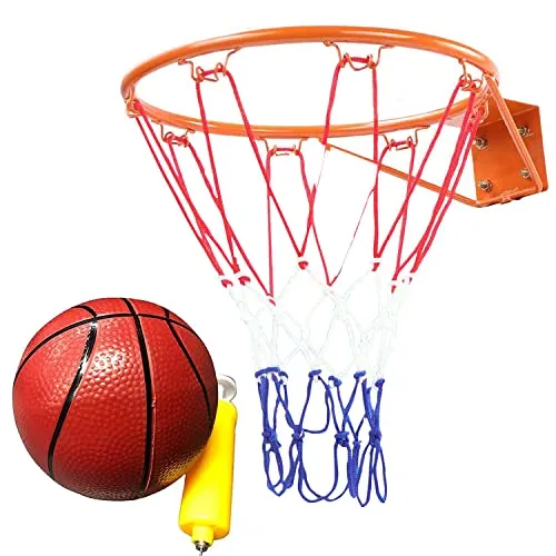 Georgie Porgy Cerchio di pallacanestro in metallo fatto a mano, bordo di pallacanestro rustico, mini cerchio da basket uomo cerchio di grotta (Aro di pallacanestro 32cm+palla+pompa dell'aria)