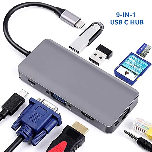 PRXD Hub USB C, Hub USB Tipo C Adattatore HDMI per MacBook PRO, Ricarica PD USB-C 9 in 1, 4K HDMI, Ethernet RJ45 Gigabit, Lettore di schede SD/TF, USB 3.0, Custodia Audio da 3,5 mm, VGA, Alluminio