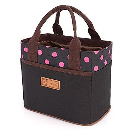 Borsa da pranzo in tela per picnic, scuola, ufficio, a tracolla, alla moda Black&Rose Dot