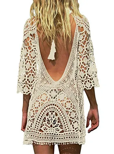 EDOTON Costumi Interi da Bagno per Donna, Costume da Bagno Bikini in Crochet con Pizzo Aperto (Beige)