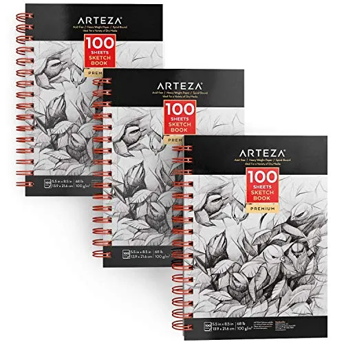 Arteza Blocco Premium per Schizzi, Set da 3, Ognuno con 100 Fogli da 13,9 x 21,6 cm (dopo il distacco), Ideale per Tecniche a Secco per Adulti e Bambini, Principianti ed Esperti