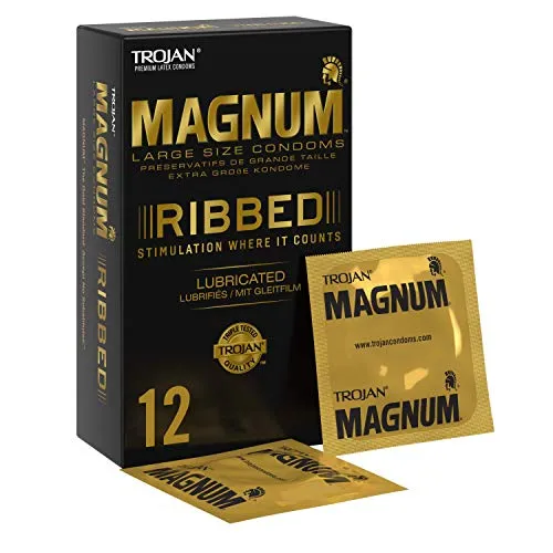 Trojan Magnum - Preservativi a coste e lubrificati, in lattice di alta qualità, confezione da 12