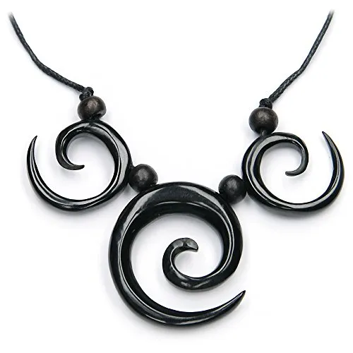 Collana con catena, ciondolo a forma di corno, spirale, drachensilber pendente con legno perline, su nera in tessuto nastro, 6 cm lungo