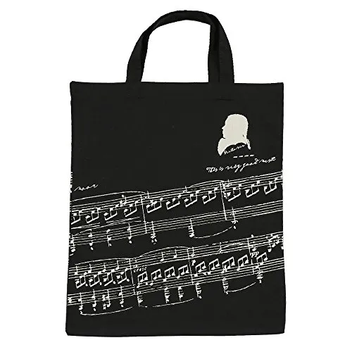 Punk borsetta da donna in cotone, borsa della spesa in tema chiavi musicali, con disegno di note e strumenti musicali, 36x41 cm. Musician and music clefs black