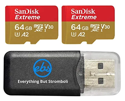 SanDisk 64GB Micro SDXC Extreme Memory Card (2 Pack) Works with GoPro Hero 8 Black, GoPro Max 360 Action Cam U3 V30 4K Class 10 (SDSQXA2-064G-GN6MA) Bundle with 1 Everything But Stromboli Card Reader