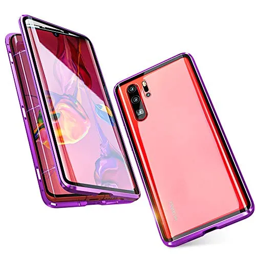 Jonwelsy Custodia per Huawei P30 PRO, Adsorbimento Magnetico Metallo Paraurti Flip Cover con 360 Gradi Protezione Doppio Lato Trasparente Vetro Temperato Custodia per Huawei P30 PRO