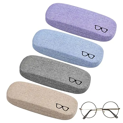 KINGOZOYI 4 Pezzi Custodia Occhiali Rigida da Sole, Astuccio Occhiali Rigido, Tessuto Esterno in Lino Viola, Grigio, Beige, Blu