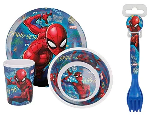 Set da pranzo ufficiale Spiderman Graffiti in melamina senza BPA – piatto, ciotola, bicchiere, cucchiaio e forchetta per bambini