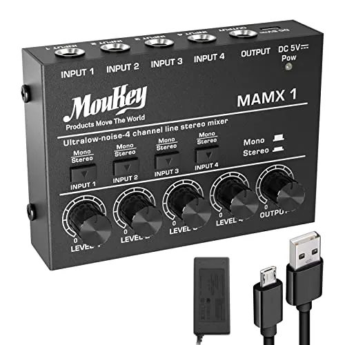Moukey Mixer 4 canali Stereo mini Mixer audio DC 5V ideale per piccoli club o bar Come un microfono chitarra basso o mixer palco-MAMX1