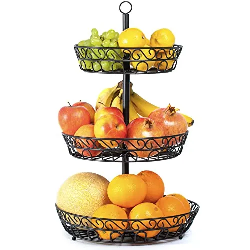 Chefarone Portafrutta Alzatina a 3 piani – in metallo nero vintage – da tavolo e cucina per frutta e verdura (34x34x52CM)