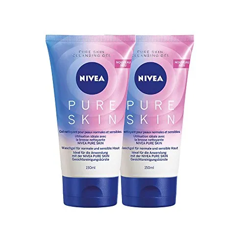 NIVEA PURE SKIN Gel Detergente, Gel per la Pulizia del Viso per Pelli Normali e Miste, 2 x 150 ml