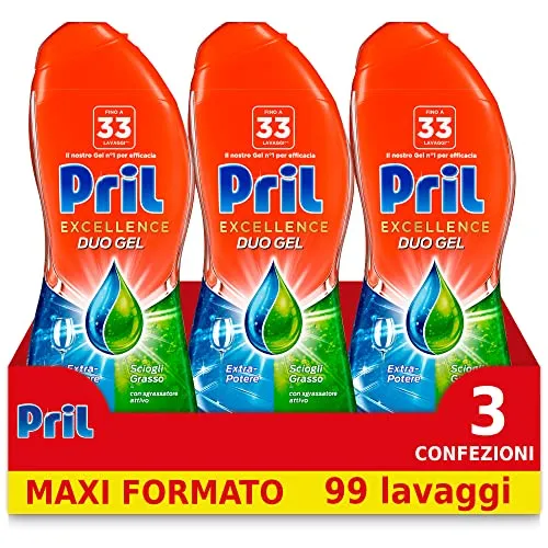 Pril Excellence Duo Gel, Detersivo in Gel, Azione Sciogligrasso, Formato da 3 Confezioni da 33 Lavaggi