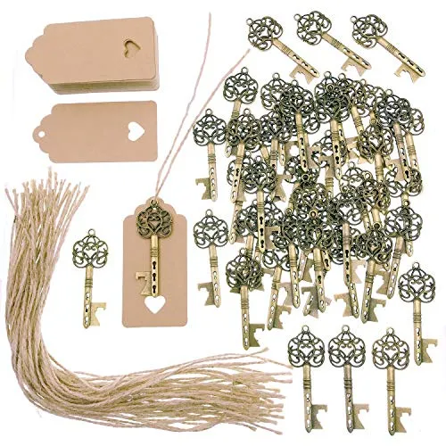 JZK 50 x Chiave apribottiglie vintage + cartoncino + spago, chiave decorativa bronzo chiavi bomboniere segnaposto per matrimonio shabby chic battesimo laurea