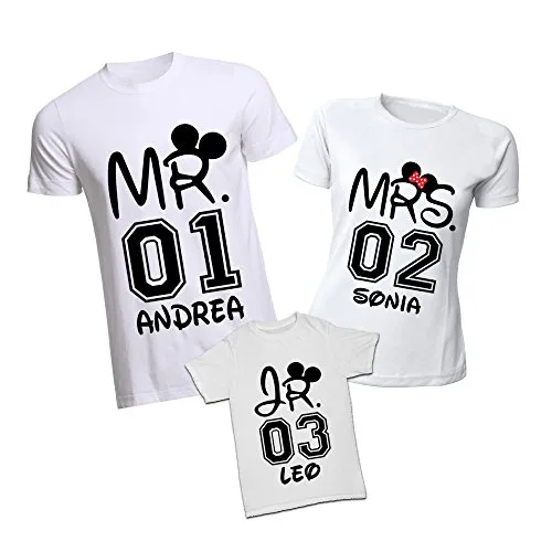 Tris di T-Shirt Magliette Bianche Estive Personalizzate per Padre Madre e Figli Disney Family con Nome e Numero - Uomo M Donna M Bimbo 1-2 Anni