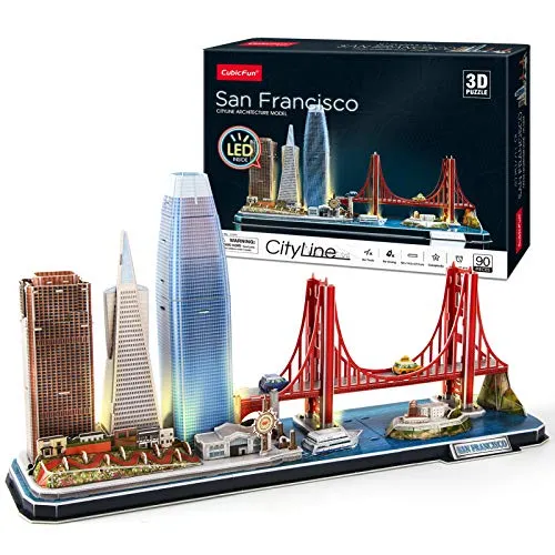 CubicFun Puzzle 3D LED San Francisco Architecture Model Kit per Bambini e Adulti, Golden Gate Bridge, 555 California Street e Altri Punti di Riferimento di SF, 90 Pezzi