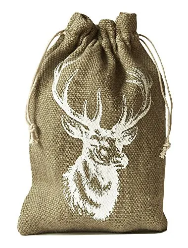 5 sacchetti in stile iuta lavata con stampa cervo in bianco, misura 30 x 20 cm, filo di cotone, elemento decorativo, borsa regalo, involucro per regali