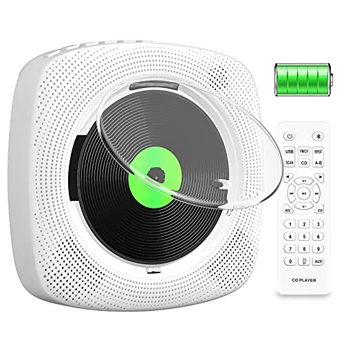KOVCDVI Lettore CD Portatile con Bluetooth e 4000mAh batteria Altoparlanti incorporati Lettori CD per la casa Montabile a parete con Telecomando e Radio FM Supporto Riproduzione per USB e AUX