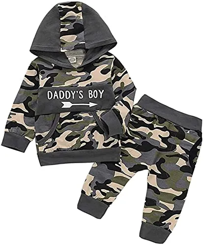 Set di Abbigliamento per Neonati Baby Boy Daddy's Boy Lettera Stampa Felpa con Cappuccio Top Pantaloni mimetici 2 Pezzi Set di Abiti