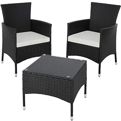 TecTake Set de giardino in poly rattan | 2 sedie e tavolino con piano in vetro | Robusto telaio in acciaio - disponibile in diversi colori - (Nero | No. 402862)