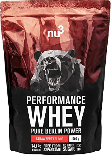 nu3 Performance Whey Protein in Polvere 1 kg - Polvere Proteica con Proteine del Siero del Latte Buona Solubilità - 74,1% Proteine - 22,3% BCAA - CS 116 Senza Aspartame - Gusto Fragola