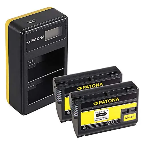 PATONA 2x EN-EL15 Batteria con Caricatore doppio LCD USB compatibile con Nikon 1 V1, Z6, Z7, D7000, D7100, D7200, D7500
