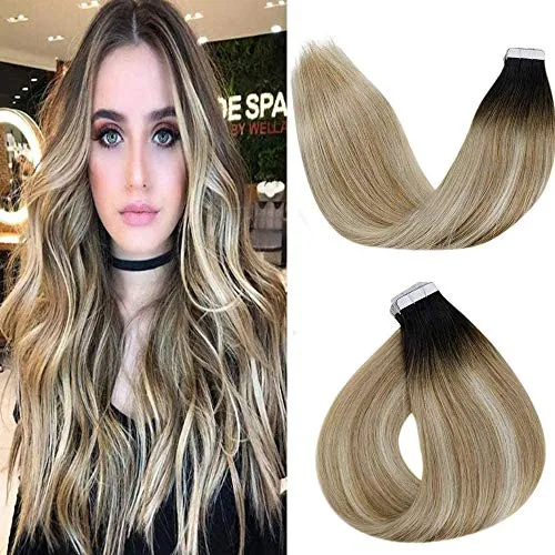 LaaVoo 14"/35cm 100% Remy Human Hair Extensions Capelli Veri Biadesive 20Pcs 50g/Set Tape Hair Extension Tape in Invisible #1b/10/60 Balayage Nero a Il Marrone Piu Chiaro e Bionda Platino