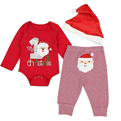 Jimmackey Neonato Unisex Natale Pagliaccetto Santa Applique Tutine Body + Babbo Natale Ricamo Pantaloni Completini