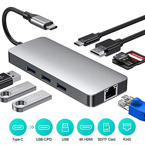 RAYROW Hub USB C, Hub Type C 8 in 1 con HDMI 4K, Porta di Ricarica PD, 3 Porte USB 3.0, Lettore di schede SD/TF, Gigabit Ethernet RJ45, convertitore USB di Tipo C Portatile per MacBook, iMac e Altro
