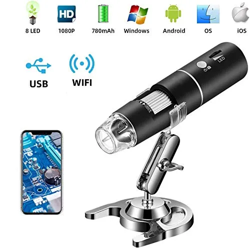 Microscopio Digitale Senza Fili USB, 50X-1000X Videocamera Portatile per Microscopio Portatile 1080P HD Mini WiFi, con 8 Luci LED per iPhone/iPad/Smartphone/Tablet/PC
