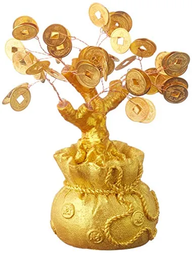 GMMH Feng Shui Albero dei Soldi Fortunato Bonsai Oro 17 Centimetri Albero di Centesimo a Mano di Pietra