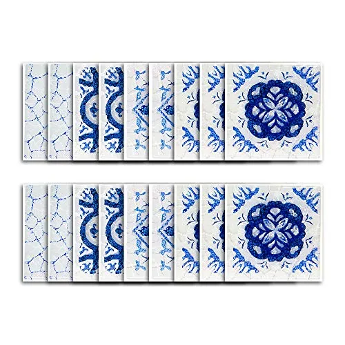 FengDing Adesivo per Piastrelle Impermeabile, Carta da Parati autoadesiva, Adesivo per Piastrelle Sala da Pranzo Bagno Cucina, Confezione da 36 Pezzi,Motivo Barocco Blu