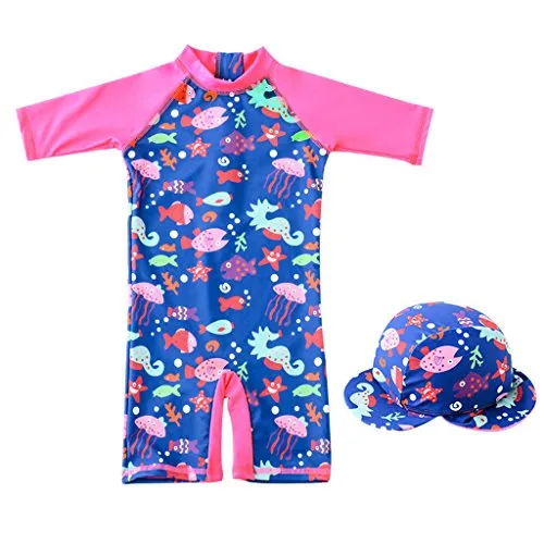 Costume da Bagno per Bambina - Ragazze Costumi Interi Protezione Solare Sunsuit con Cuffia da Nuoto