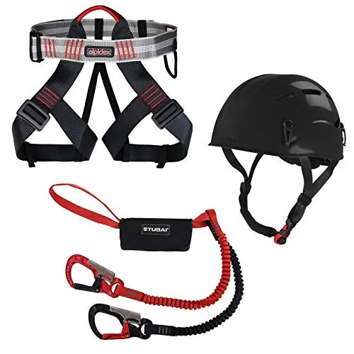 ALPIDEX Casco Universale per Arrampicata + ALPIDEX Imbracatura + Stubai Set da Via Ferrata Basic 3.0 - Casco: Black, Imbracatura: Red