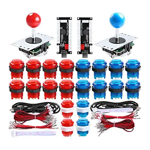 Hikig Kit Arcade fai da te per 2 giocatori, 2x 8 vie joystick + 20 LED pulsanti + 2x USB Encoder per i PC giochi Mame Jamma e Raspberry Pi (rosso + blu)