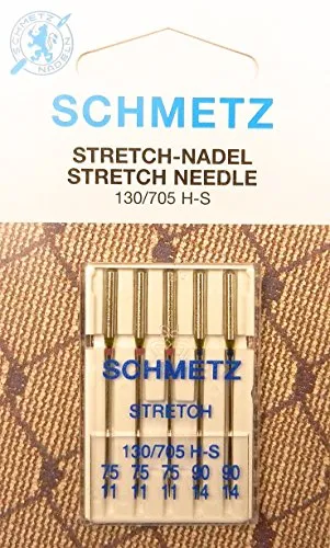 Schmetz 5 aghi stretch per macchine da cucire (a pistone piatto), per tessuti elasticizzati, 130/705 H-S, spessore 75/11 / 90/14