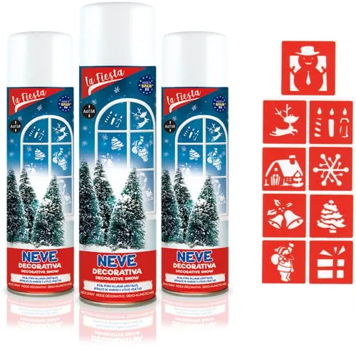 HAND - Set 3 Bombolette 150ml di Neve Spray per Albero di Natale e Vetri con 9 Stencil Decorativi