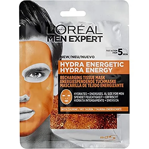 Men Expert Hydra - Maschera viso in tessuto energetico per uomo, maschera in tessuto per pelle dall'aspetto stanco (confezione da 1)