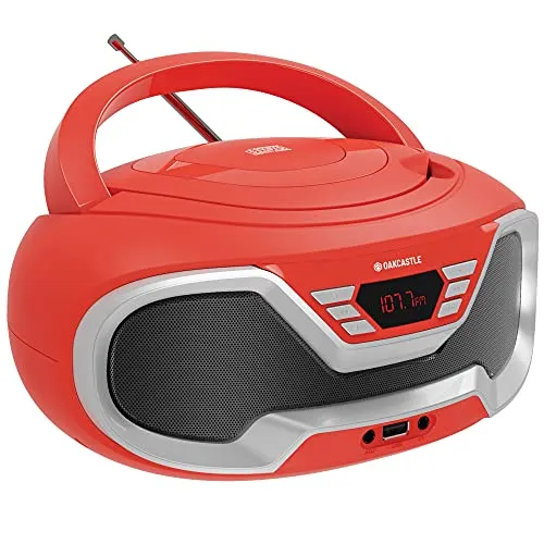Oakcastle CD200 – Radio stereo portatile con lettore CD, Bluetooth, ingresso AUX da 3,5mm e porta USB, altoparlanti integrati, alimentazione settore/batteria, per adulti e bambini (Rosso)