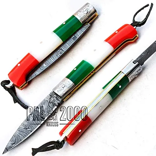 SBTB-9424 coltello da tasca pieghevole in acciaio damasco personalizzato con fodero in cuoio 18 cm manico bandiera italiana manico in osso di cammello macchiato camping chef cucina pesca casa